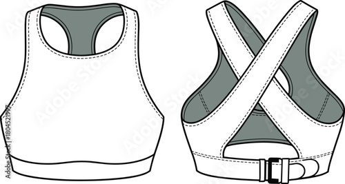 Sports bra technical flat sketch, front and back view, crisscross strap design, cad drawing flat vector illustration