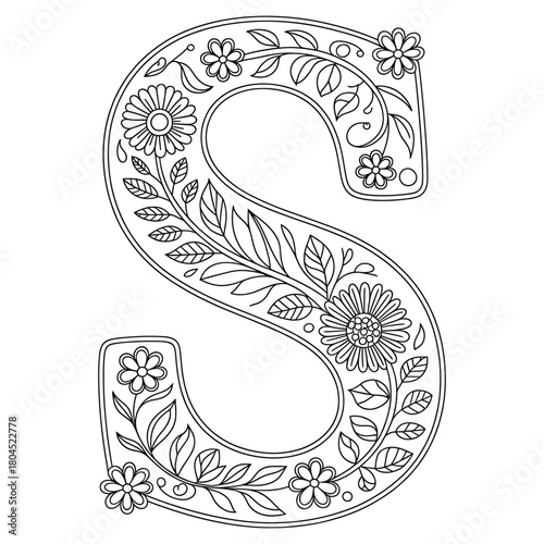 Floral Letter S Coloring Page, Decorative Alphabet Outline with Flowers and Leaves, Botanical Monogram Coloring Design