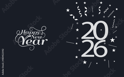 A festive New Year 2026 design featuring elegant 'Happy New Year' script and bold 2026 numerals with star confetti on a deep navy backdrop, conveying celebration, joy, and anticipation.