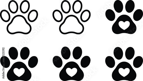 Paw Prints with Heart Icons Set Design