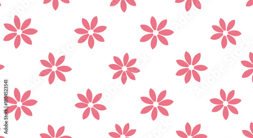 A seamless pattern of pink daisies on a white background.