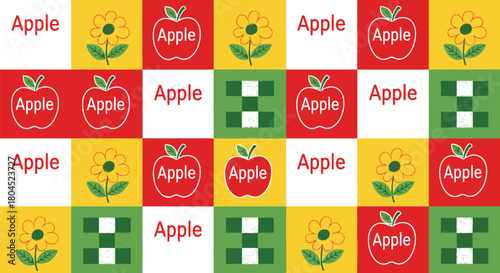 A repeating pattern of apples and flowers on a colorful background.