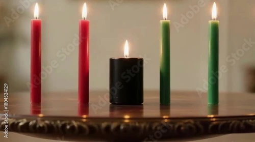 Celebrating Kwanzaa with Traditional Kinara Candles at Home. Red, Black, and Green Kwanzaa Candles Lit for Cultural Celebration. Warm Kwanzaa Ceremony Honoring Heritage and Unity