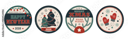 Christmas retro framed round stickers. Vintage colorful design, xmas winter holidays banner vector set