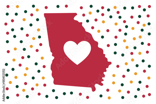A map of Georgia with a heart shape inside is surrounded by colorful confetti.