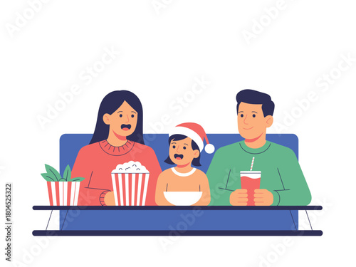 A happy family enjoys popcorn and drinks at the cinema during the holidays.
