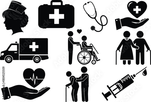 Healthcare and medical icons representing care and assistance