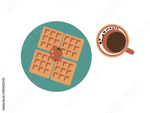 A cup of coffee sits next to a plate of four waffles with a dollop of jam.