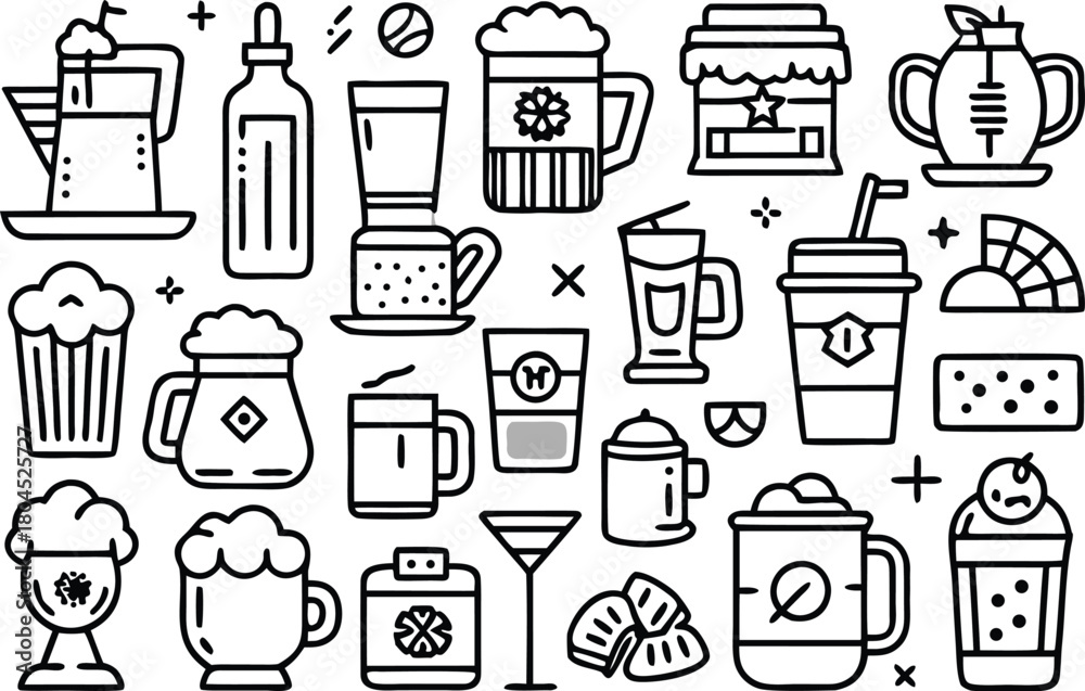Fototapeta premium Coffee, tea, beer, and various drink line art icon collection