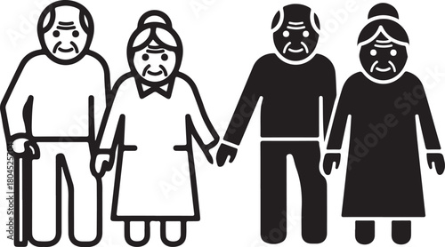 Senior citizens concept icons: outlined man with a cane, woman, and solid black man, woman. symbolizes aging, retirement, and elder care. isolated on white background, Vector, illustration