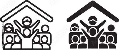 Group of diverse people under a house roof, symbolizing community, family, togetherness, protection, social support system, unity, care isolated on white background, Vector, illustration