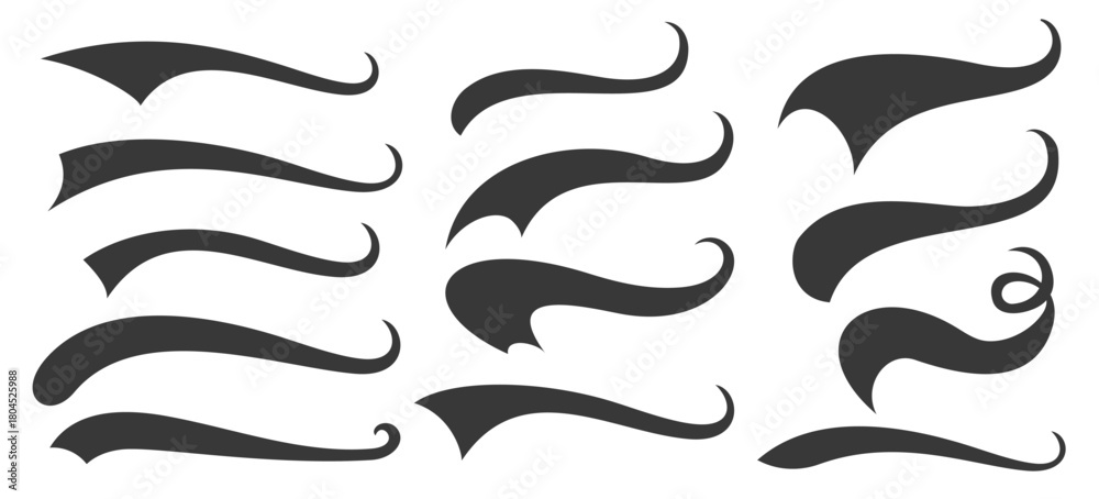 Fototapeta premium Set of baseball swoosh and swash tails. Sports swash shape set, text underlines for baseball design. Hand drawn font elements in retro style for athletics, baseball. Swirl stroke swish underline shape