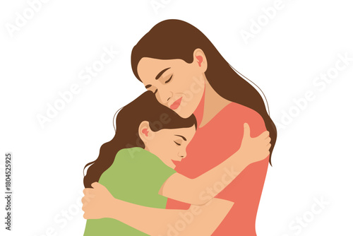 A mother hugs her daughter with love and affection on a white background.