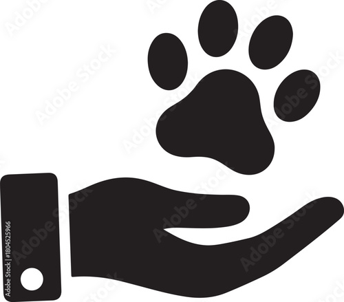 A compassionate human hand gently holds a stylized animal paw print, symbolizing dedicated pet care, love, responsibility, and animal welfare. isolated on white background, Vector, illustration