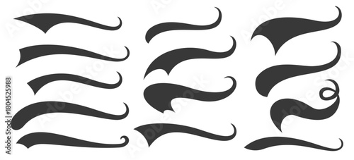 Set of baseball swoosh and swash tails. Sports swash shape set, text underlines for baseball design. Hand drawn font elements in retro style for athletics, baseball. Swirl stroke swish underline shape