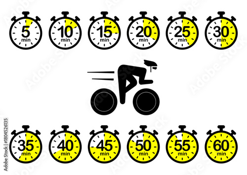 Flat design of a cyclist icon surrounded by stopwatches showing 5–60 minute intervals, symbolizing timed cycling workouts and interval training.