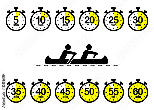Vector illustration of two people rowing a canoe surrounded by stopwatches from 5 to 60 minutes, symbolizing timed rowing workout and endurance training.