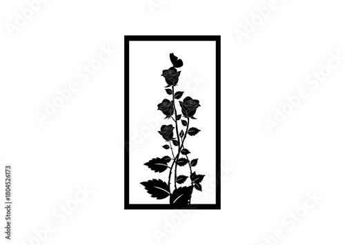 A black and white graphic silhouette of a climbing rose stem with multiple blooms, leaves, and a butterfly perched at the top, enclosed in a vertical rectangular frame.