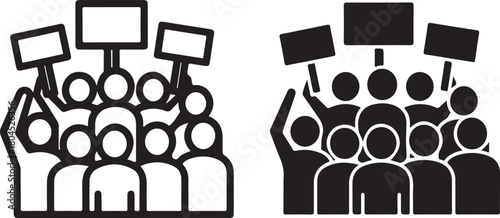 Pictogram showing multiple individuals with raised empty signs, symbolizing public protest, rallies, and civic engagement, in vector style. isolated on white background, Vector, illustration