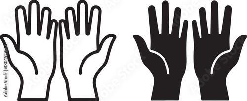 Open hand gesture line art and solid black silhouette icon set, palms up, offering, giving, receiving, help, protection symbol isolated on white background, Vector, illustration