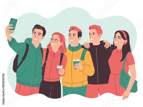 A diverse group of friends takes a selfie together, holding coffee cups.