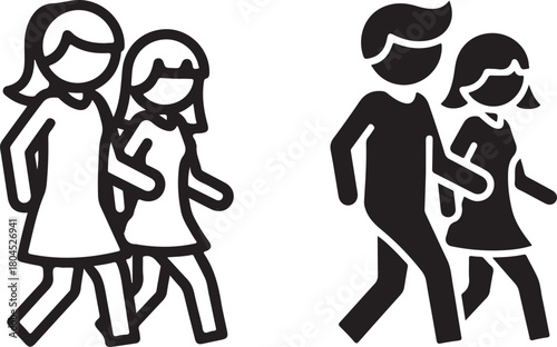 Vector graphic of outline and solid stick figures walking side-by-side, representing companionship, human connection, and a shared path. isolated on white background, Vector, illustration