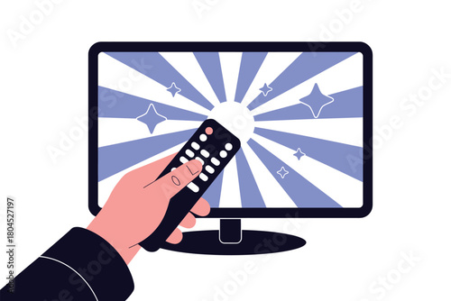A hand holds a remote control pointed towards a glowing television screen.