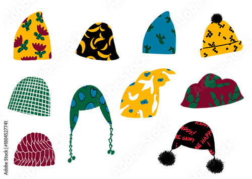 A set of seasonal warm wool hats, including a hat with bananas, geese, cacti, and a plaid hat. Hats with pom-poms. Bright doodle-style hats on a white background. Headwear, beret, hat with earflaps