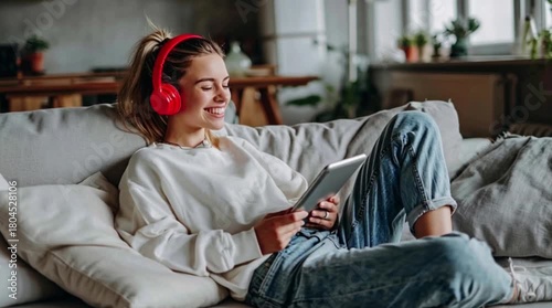 Relaxed Woman Enjoying Music and Streaming on a Tablet at Home. Happy Young Woman Listening to Audio Content with Headphones on a Sofa. Casual Digital Entertainment Moment with Tablet and Wireless Hea