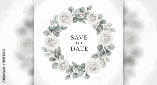 Save the date card with white roses and eucalyptus wreath.