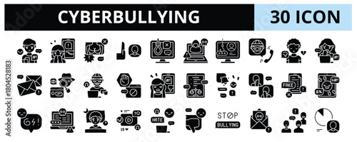 30 Cyberbullying Glyph Solid Icons - Exclude, Suicide, Spam, Spy, Fear, Gossip, Dislike, Blackmail