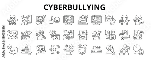 30 Cyberbullying Line Icons - Exclude, Suicide, Spam, Spy, Fear, Gossip, Dislike, Blackmail