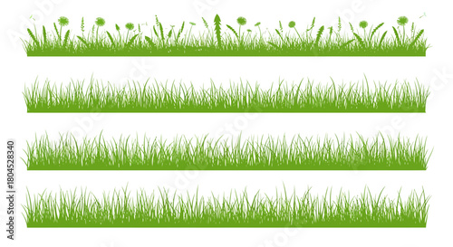 Four rows of green grass illustrations, varying in height and density, on a white background.