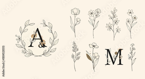 Elegant floral design with letters A and M, botanical illustrations.