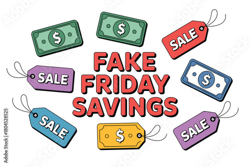 Fake Friday Savings depicted with sale tags and stylized money notes