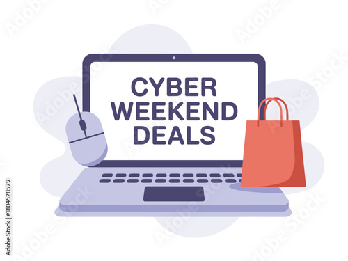 Cyber weekend deals are advertised on a laptop screen with a shopping bag and mouse.