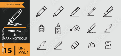 Fifteen writing and marking tools outline icons isolated on white background