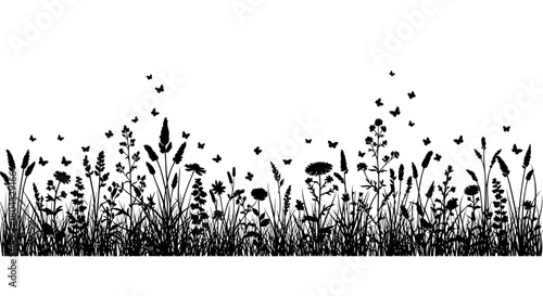 Silhouette of a field with grass, flowers, and butterflies against a white background.