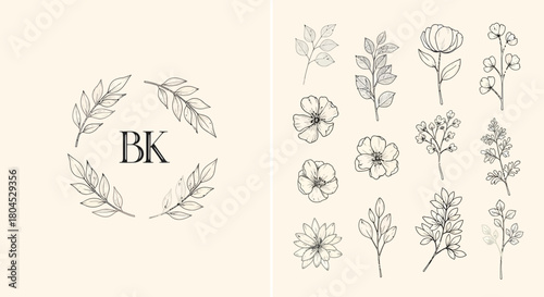 Botanical illustrations: floral wreath with initials and individual flower drawings.