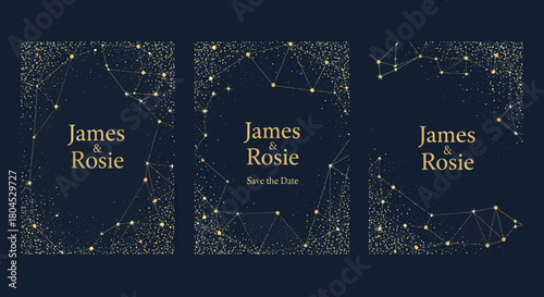 Elegant wedding invitation templates with constellation design in gold.