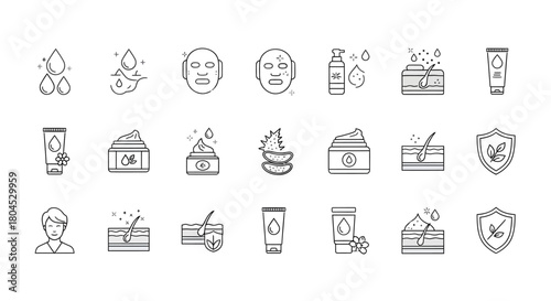 Collection of skincare icons, including aloe vera, cream, and face mask.