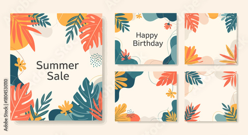 Set of summer sale and birthday social media post templates with tropical leaves.