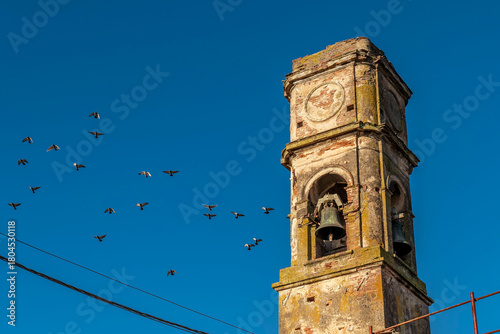 Fotografija A flock of birds flies near the bell tower of the ancient church adjacent to Vil