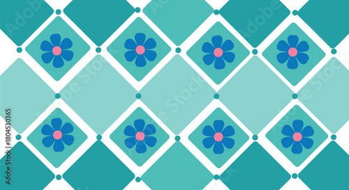 A repeating geometric pattern with stylized flowers in diamond shapes.