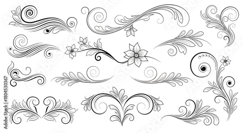 Collection of decorative floral swirls and flourishes in black and white.