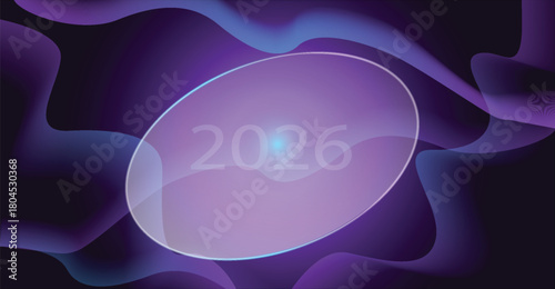 A futuristic digital art piece featuring the year 2026 within a translucent oval shape, set against a flowing, abstract purple background.