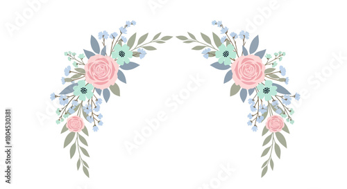 Floral arrangement with pink roses and blue accents.