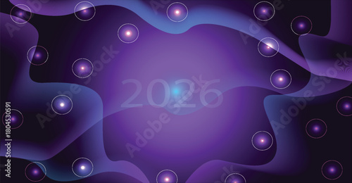 Abstract digital graphic featuring the year 2026, surrounded by ethereal shapes and glowing orbs.