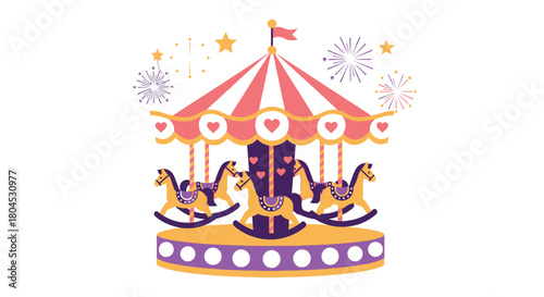 A colorful carousel with decorative horses stands under a festive canopy.