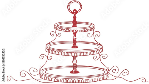 Whimsical hand drawn red ink illustration featuring a tiered display with colorful elements perfect for creative projects and decorative designs